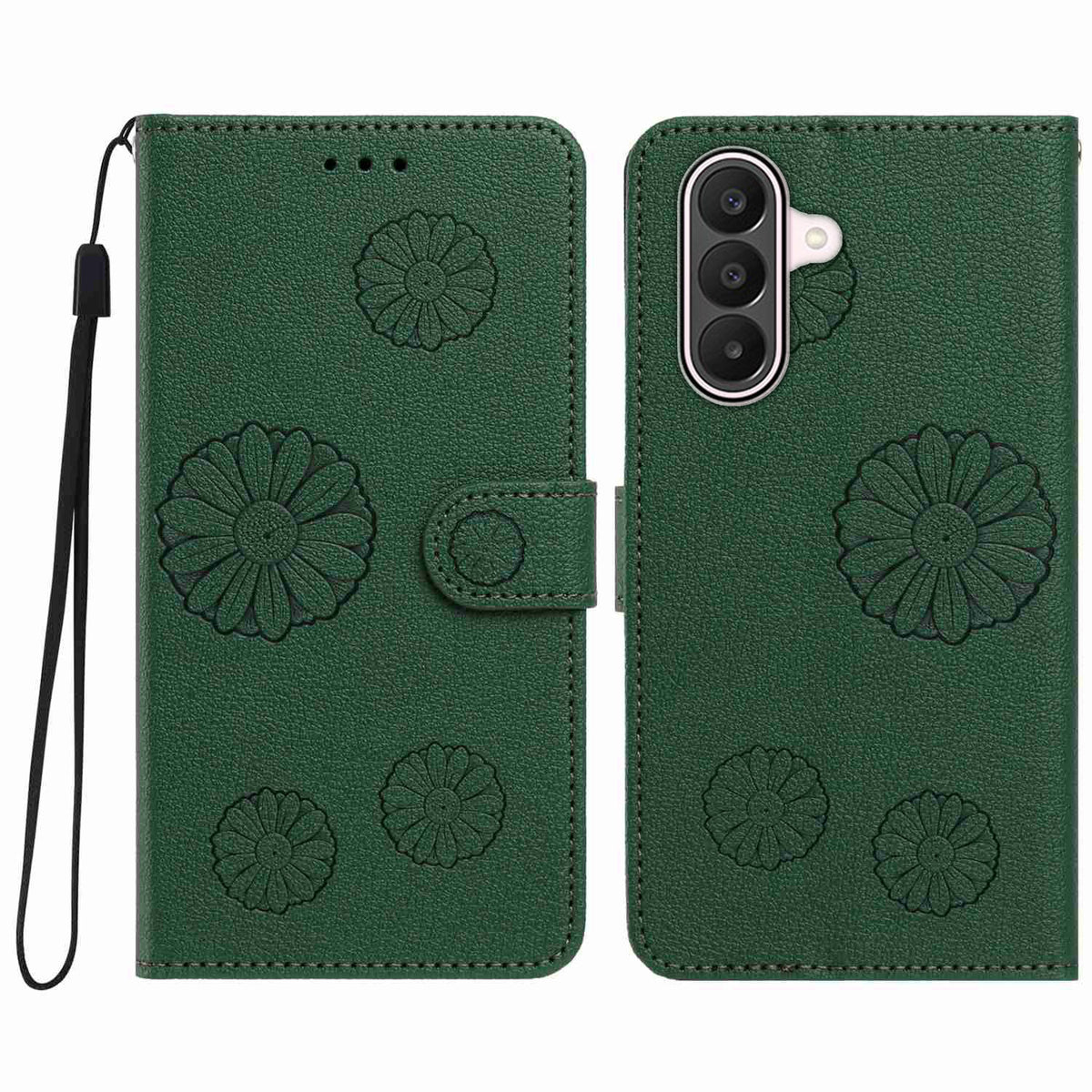 Pungcover i PU-læder til Samsung Galaxy A17 5G / Galaxy A17 4G / Galaxy A18 5G / Galaxy A26 5G / Galaxy A18 4G med margueritmønster og håndledsrem