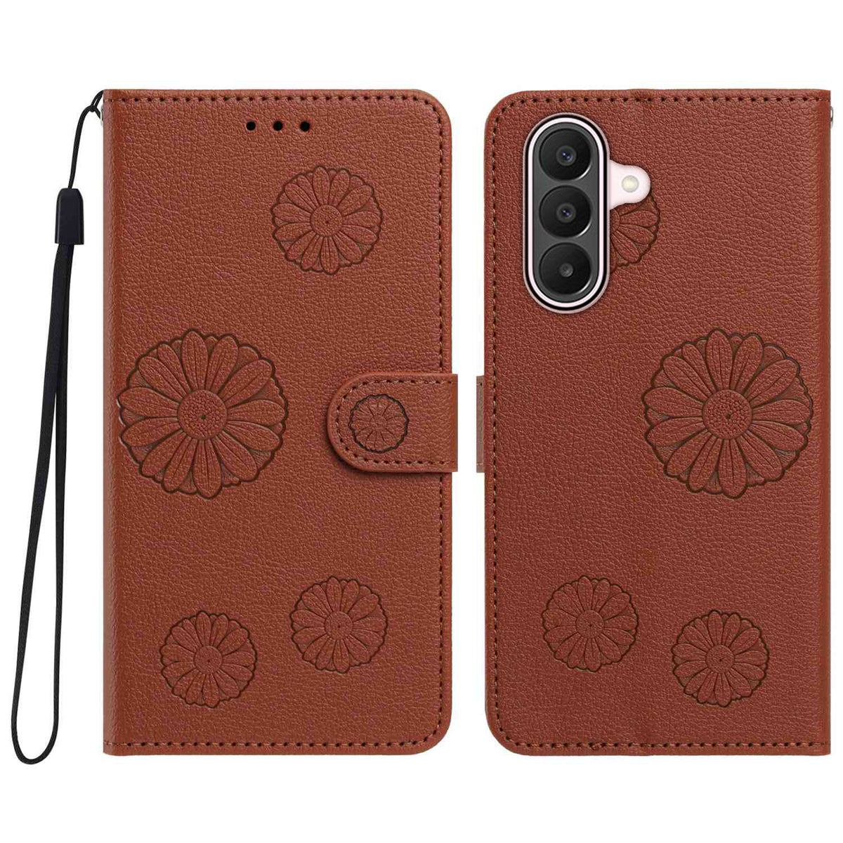Pungcover i PU-læder til Samsung Galaxy A17 5G / Galaxy A17 4G / Galaxy A18 5G / Galaxy A26 5G / Galaxy A18 4G med margueritmønster og håndledsrem