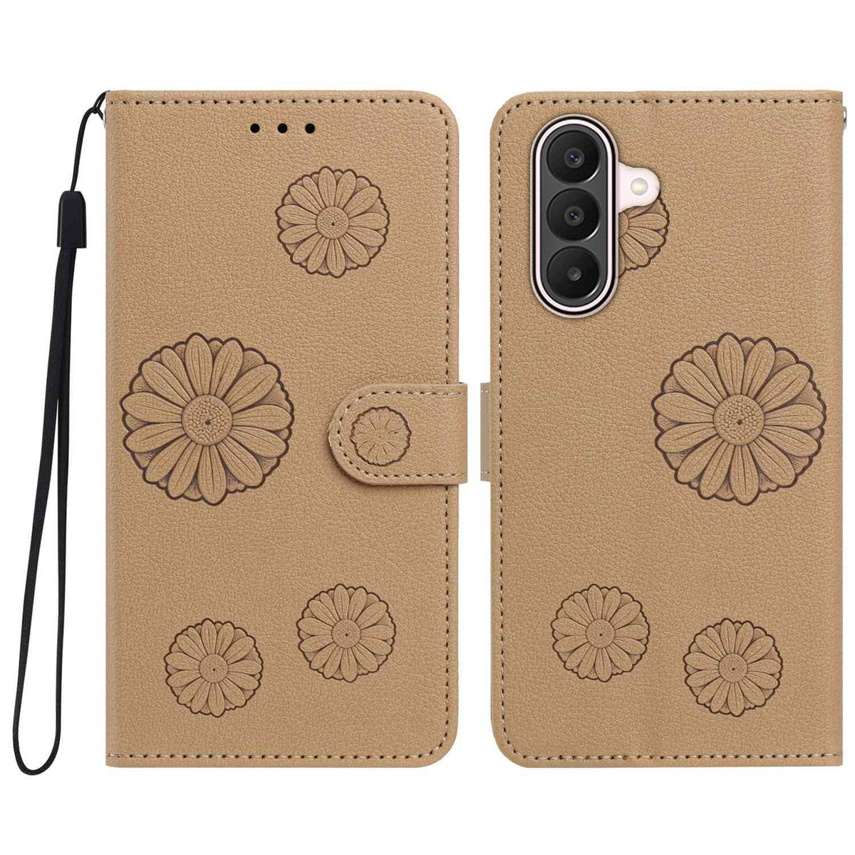 Pungcover i PU-læder til Samsung Galaxy A17 5G / Galaxy A17 4G / Galaxy A18 5G / Galaxy A26 5G / Galaxy A18 4G med margueritmønster og håndledsrem