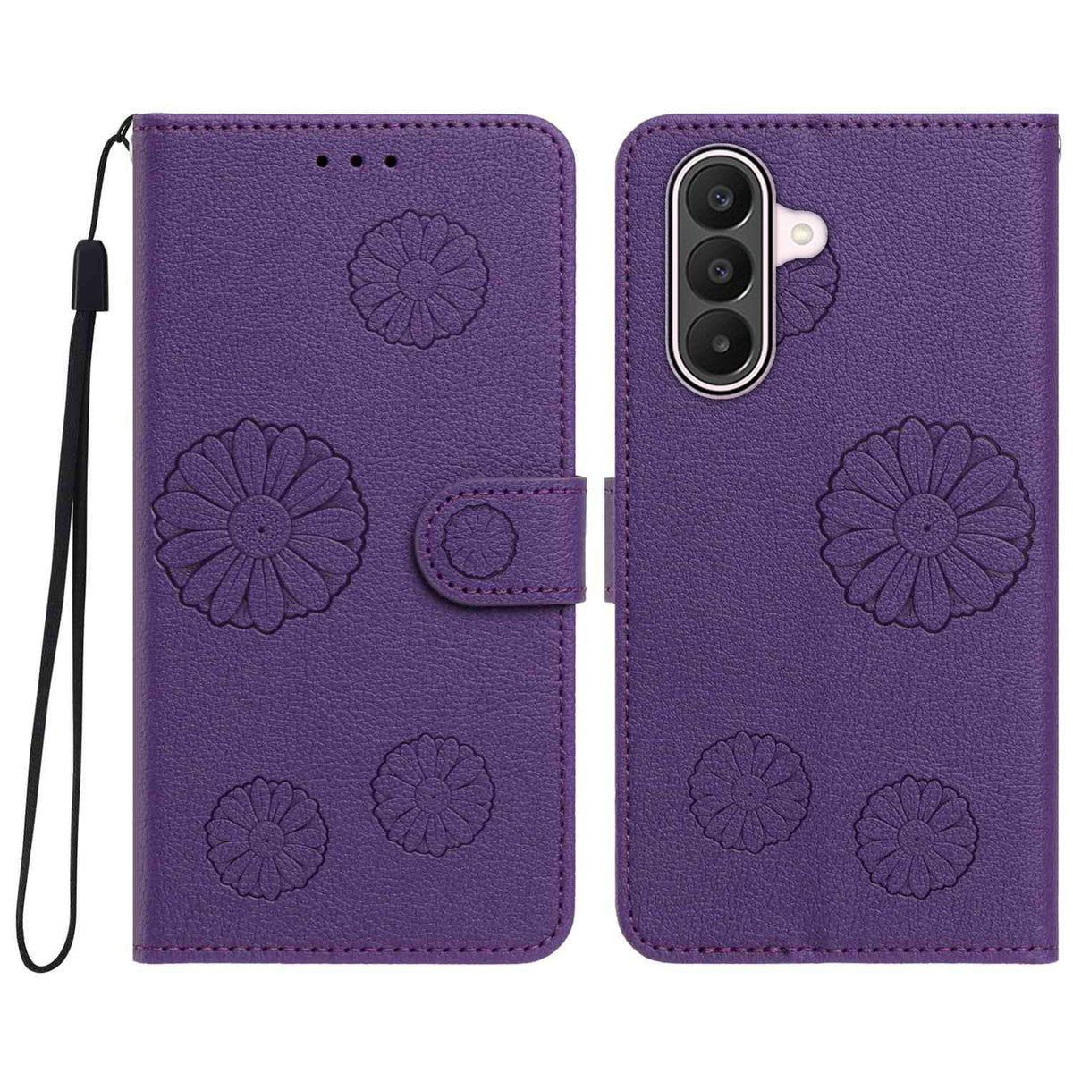 Pungcover i PU-læder til Samsung Galaxy A17 5G / Galaxy A17 4G / Galaxy A18 5G / Galaxy A26 5G / Galaxy A18 4G med margueritmønster og håndledsrem