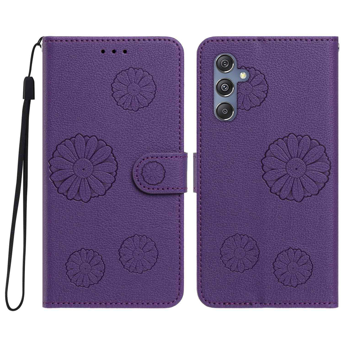 Samsung Galaxy A34 5G Plånboksfodral i PU-läder med daisymönster och handledsrem