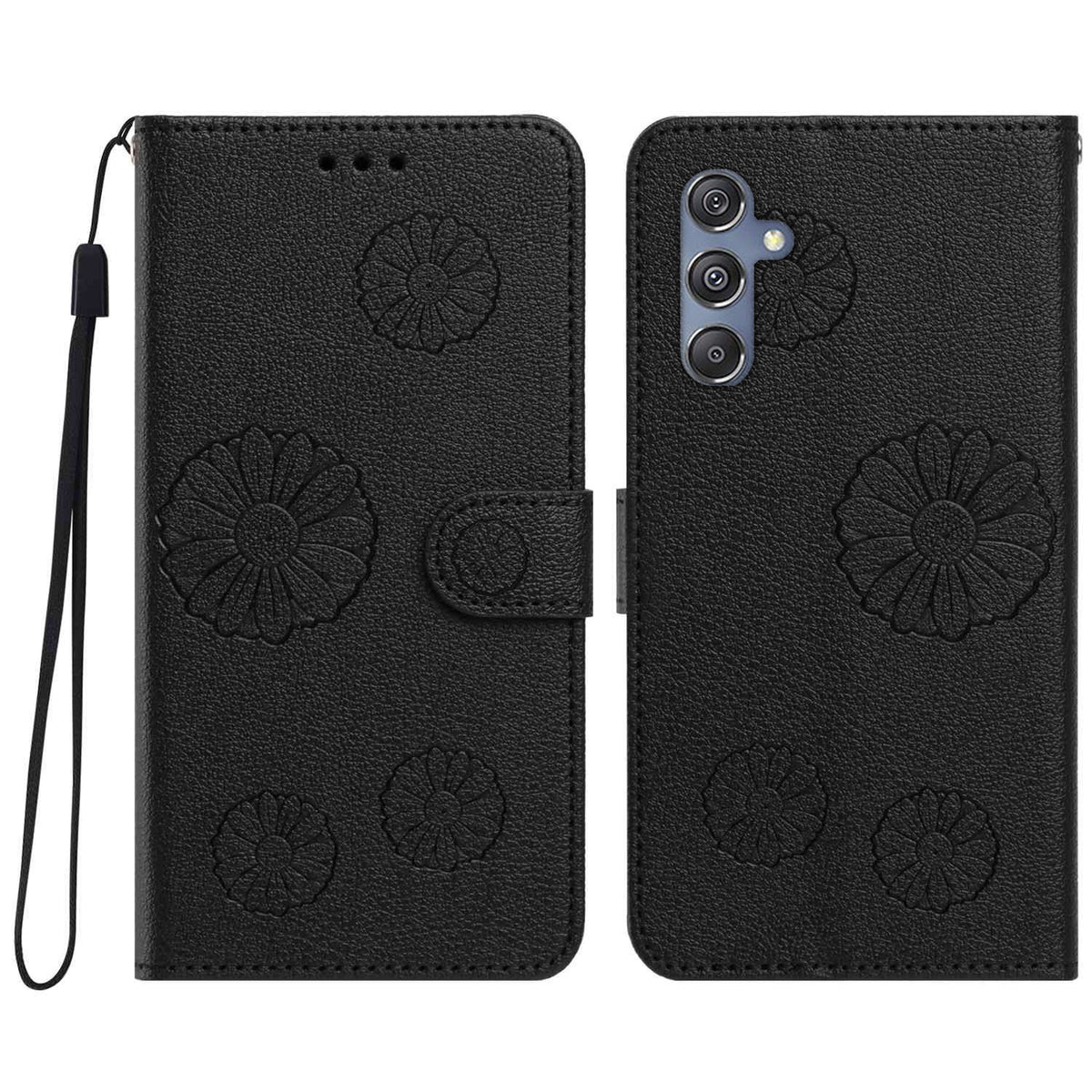 Samsung Galaxy A55 5G Plånboksfodral i PU-läder med daisymönster och handledsrem