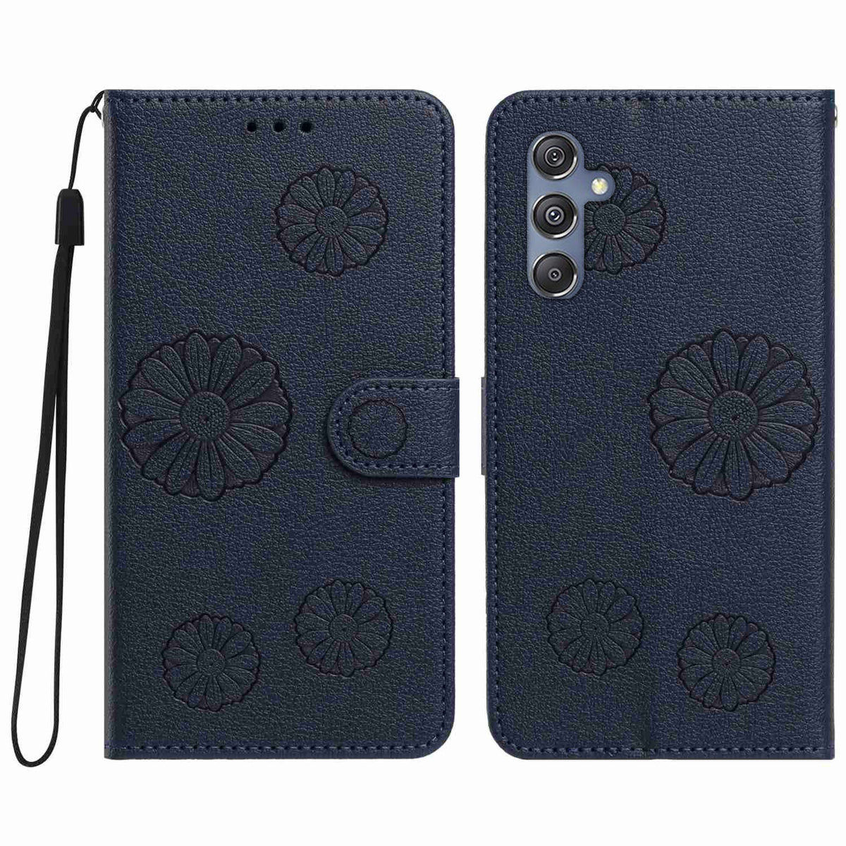 Samsung Galaxy A55 5G Plånboksfodral i PU-läder med daisymönster och handledsrem