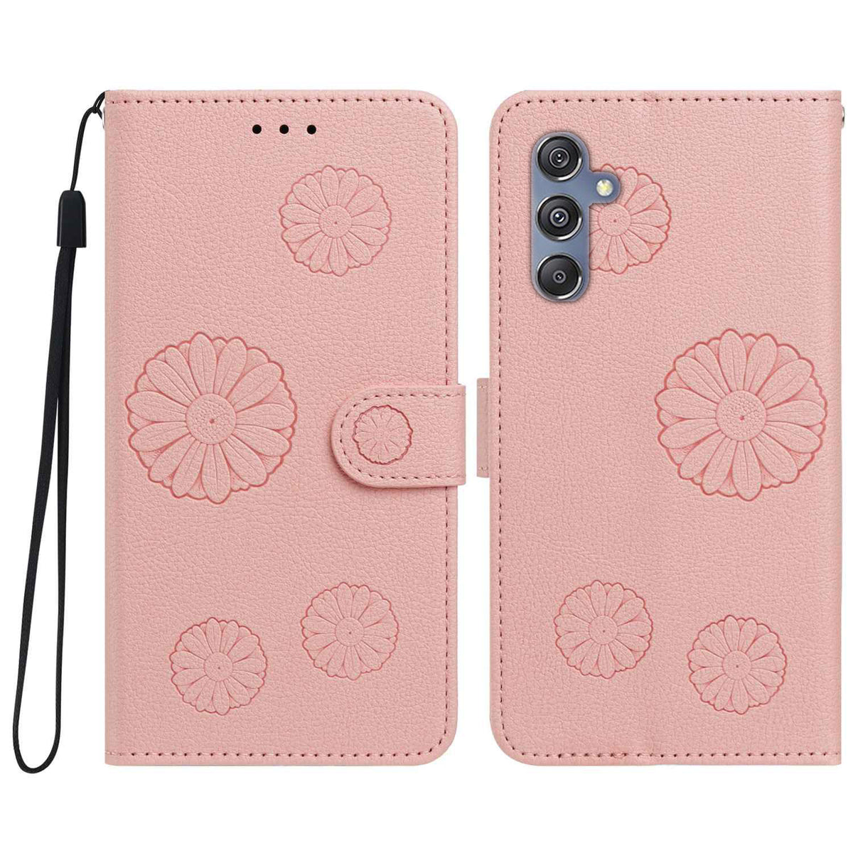 Samsung Galaxy A55 5G Plånboksfodral i PU-läder med daisymönster och handledsrem