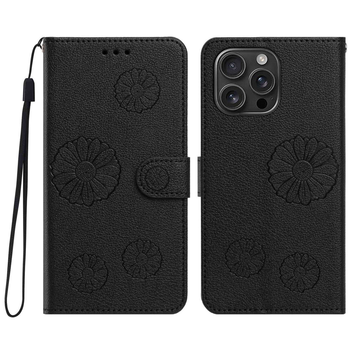 iPhone 13 Pro Max Plånboksfodral i PU-läder med daisymönster och handledsrem