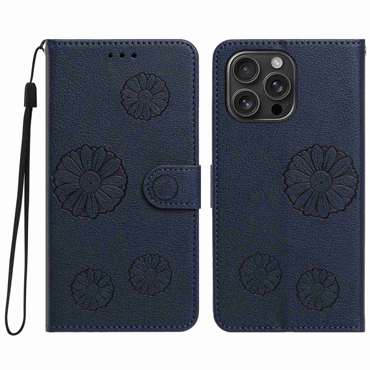 iPhone 13 Pro Max Plånboksfodral i PU-läder med daisymönster och handledsrem