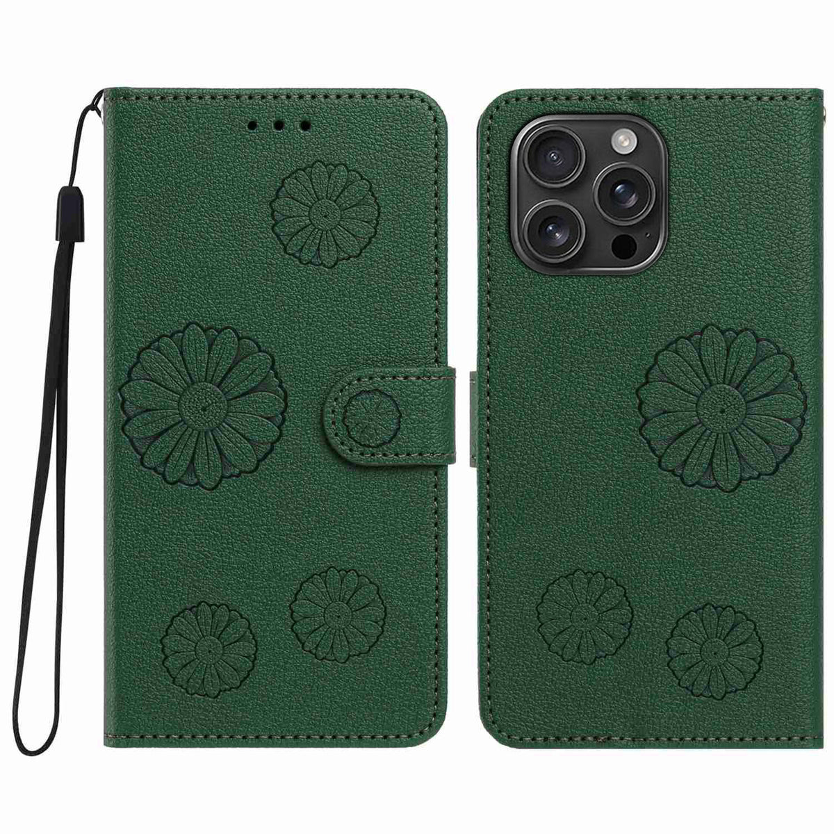 iPhone 13 Pro Max Plånboksfodral i PU-läder med daisymönster och handledsrem