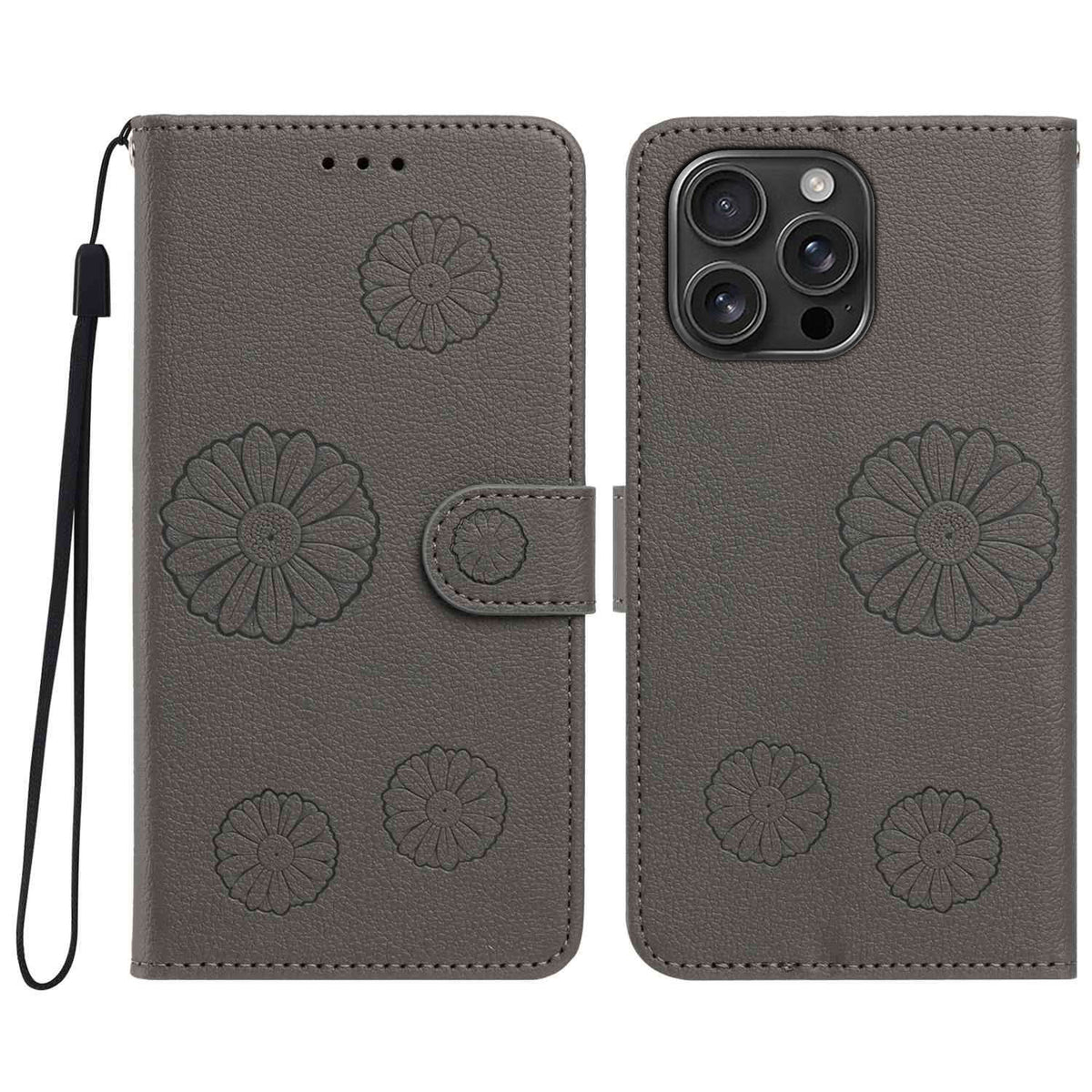 iPhone 13 Pro Max Plånboksfodral i PU-läder med daisymönster och handledsrem