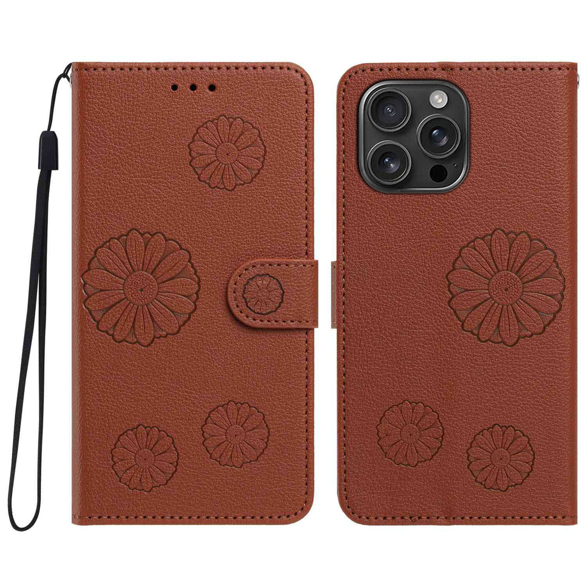 iPhone 13 Pro Max Plånboksfodral i PU-läder med daisymönster och handledsrem