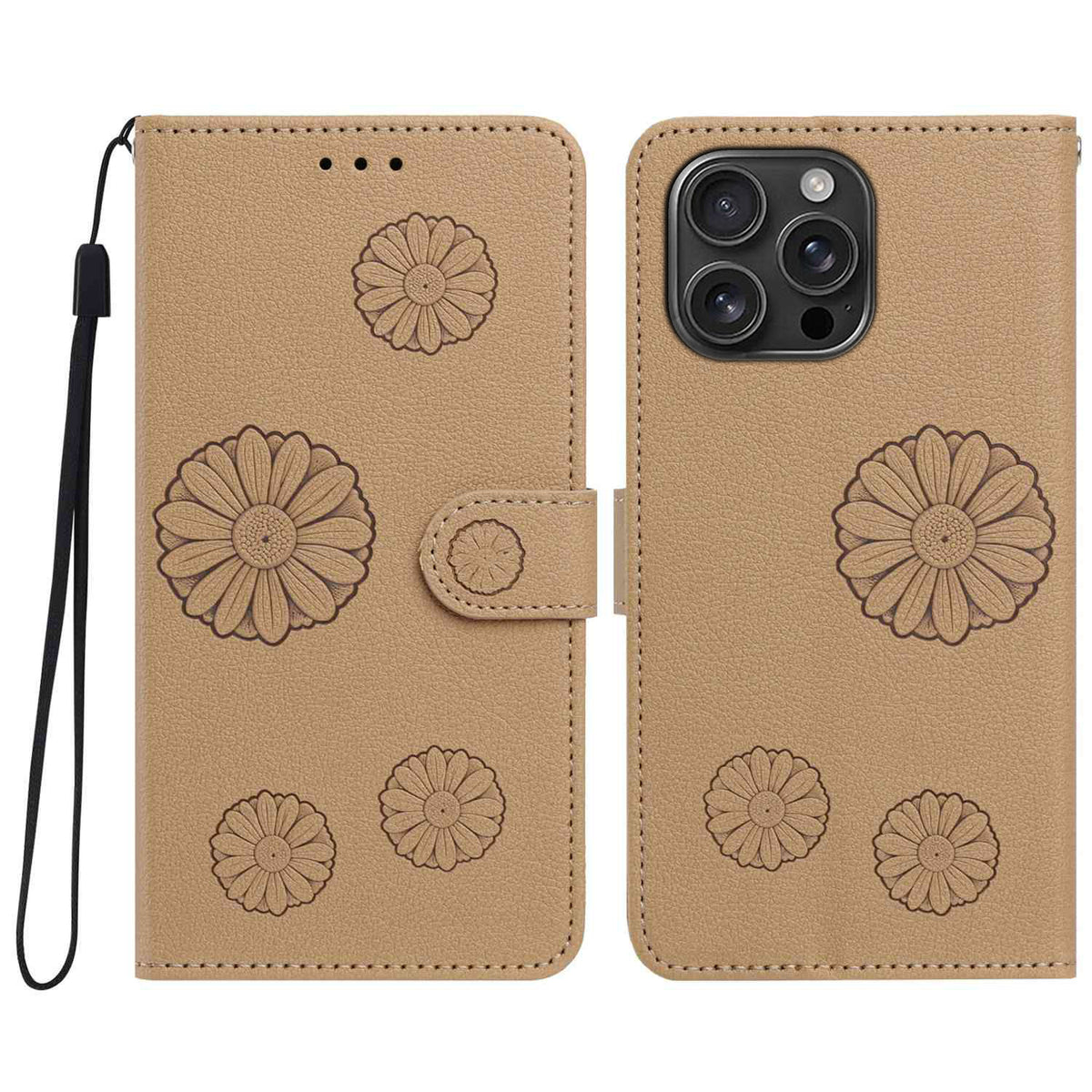 iPhone 13 Pro Max Plånboksfodral i PU-läder med daisymönster och handledsrem