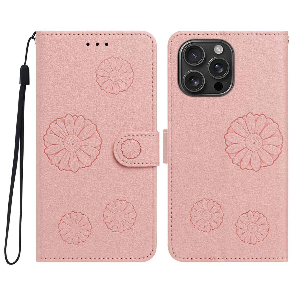 iPhone 13 Pro Max Plånboksfodral i PU-läder med daisymönster och handledsrem
