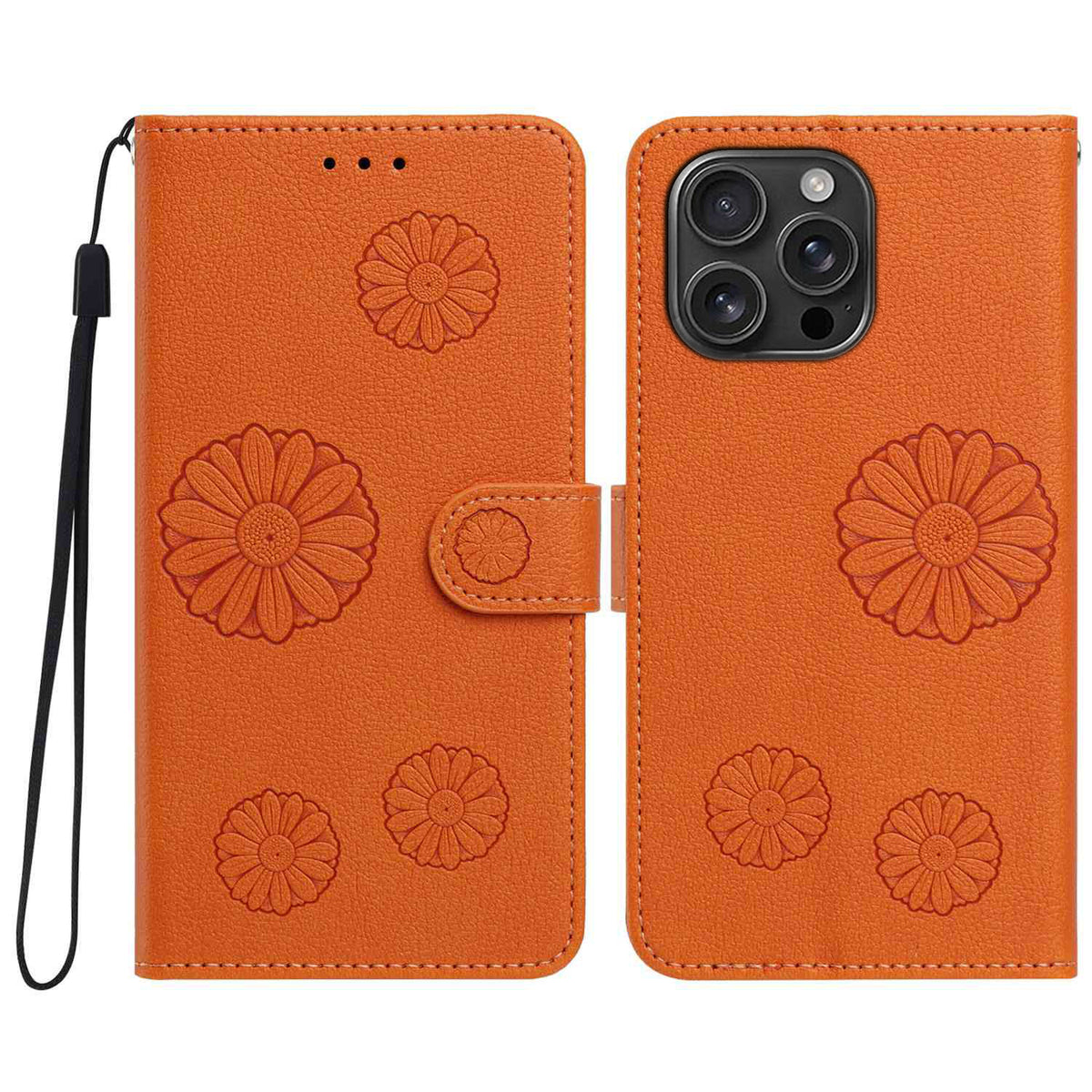 iPhone 13 Pro Max Plånboksfodral i PU-läder med daisymönster och handledsrem
