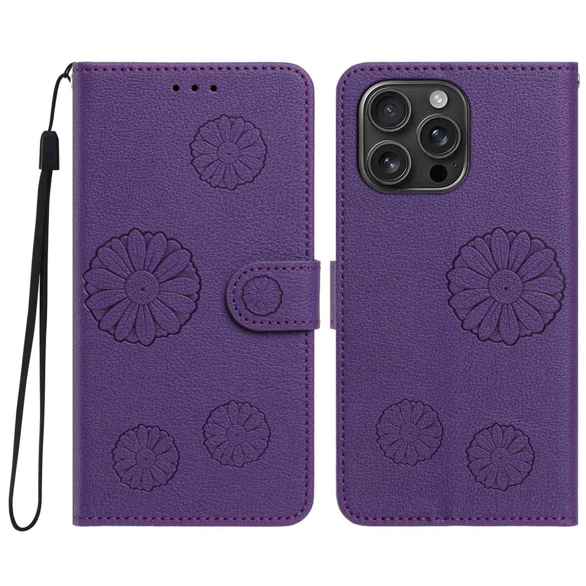 iPhone 13 Pro Max Plånboksfodral i PU-läder med daisymönster och handledsrem