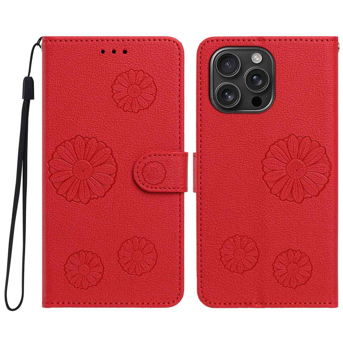 iPhone 13 Pro Max Plånboksfodral i PU-läder med daisymönster och handledsrem