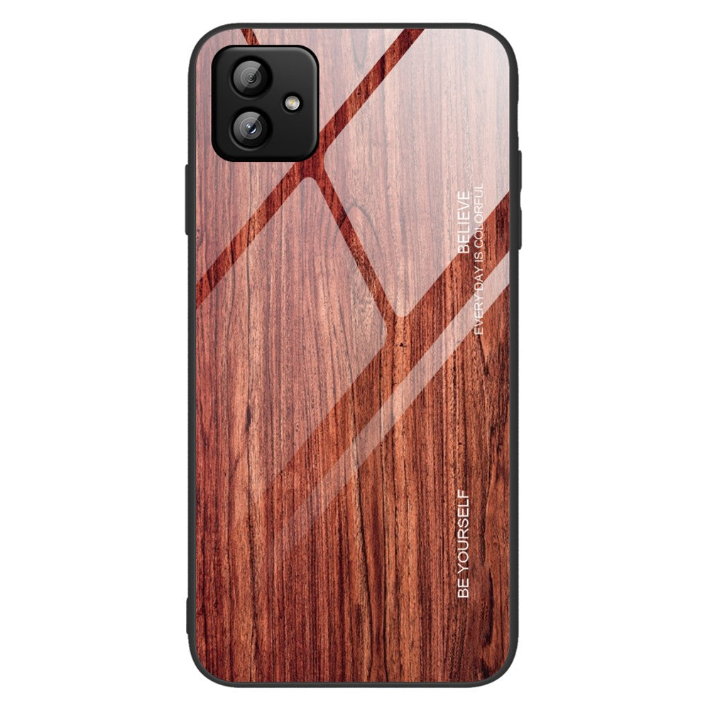 For Samsung Galaxy A04 4G (164.4 x 76.3 x 9.1 mm) Wooden Pattern Back Protector Tempered Glass Shell Phone Case TPU Frame Protective Cover