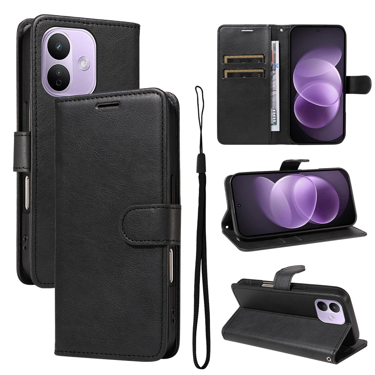 For Xiaomi Redmi Note 17 Pro 5G Leather Wallet Case with Strap Solid Color Phone Stand Cover