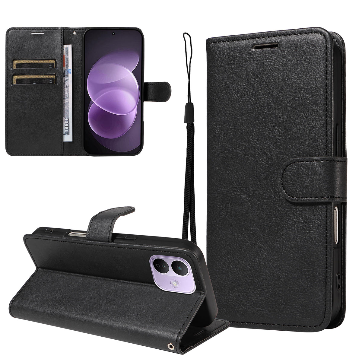 For Xiaomi Redmi Note 17 Pro 5G Leather Wallet Case with Strap Solid Color Phone Stand Cover