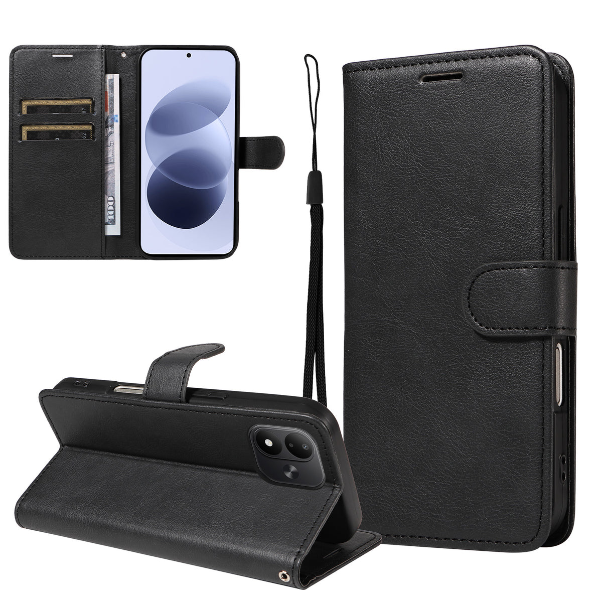Xiaomi Redmi Note 17 4G (Global) / Xiaomi Redmi Note 17 (Indien/Kina) 5G / Xiaomi Redmi Note 17 5G (Global) Läderplånboksfodral med rem Enfärgat mobilstativ