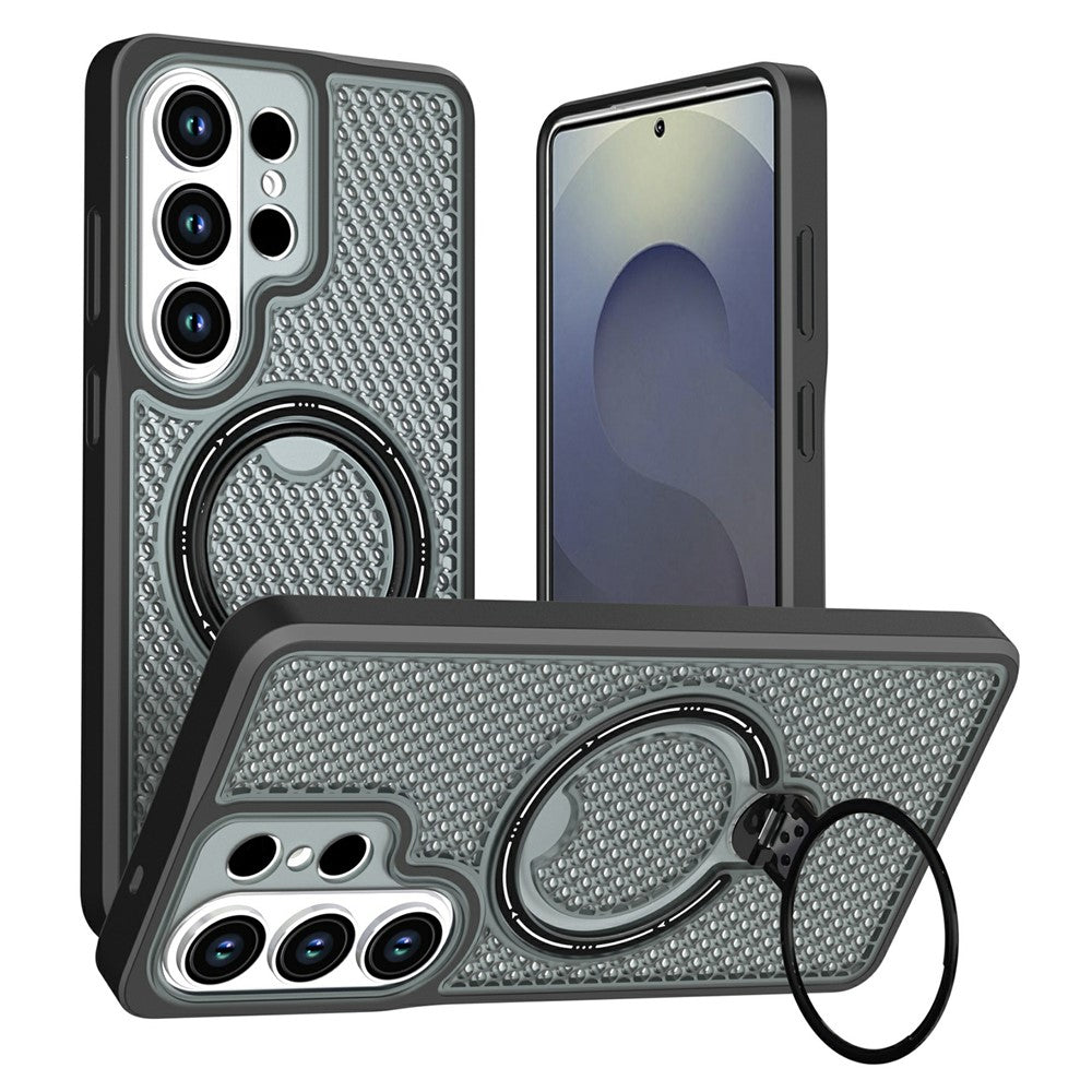 For Samsung Galaxy S26 Ultra Case Ring Kickstand Honeycomb Heat Dissipation PC + TPU Phone Cover