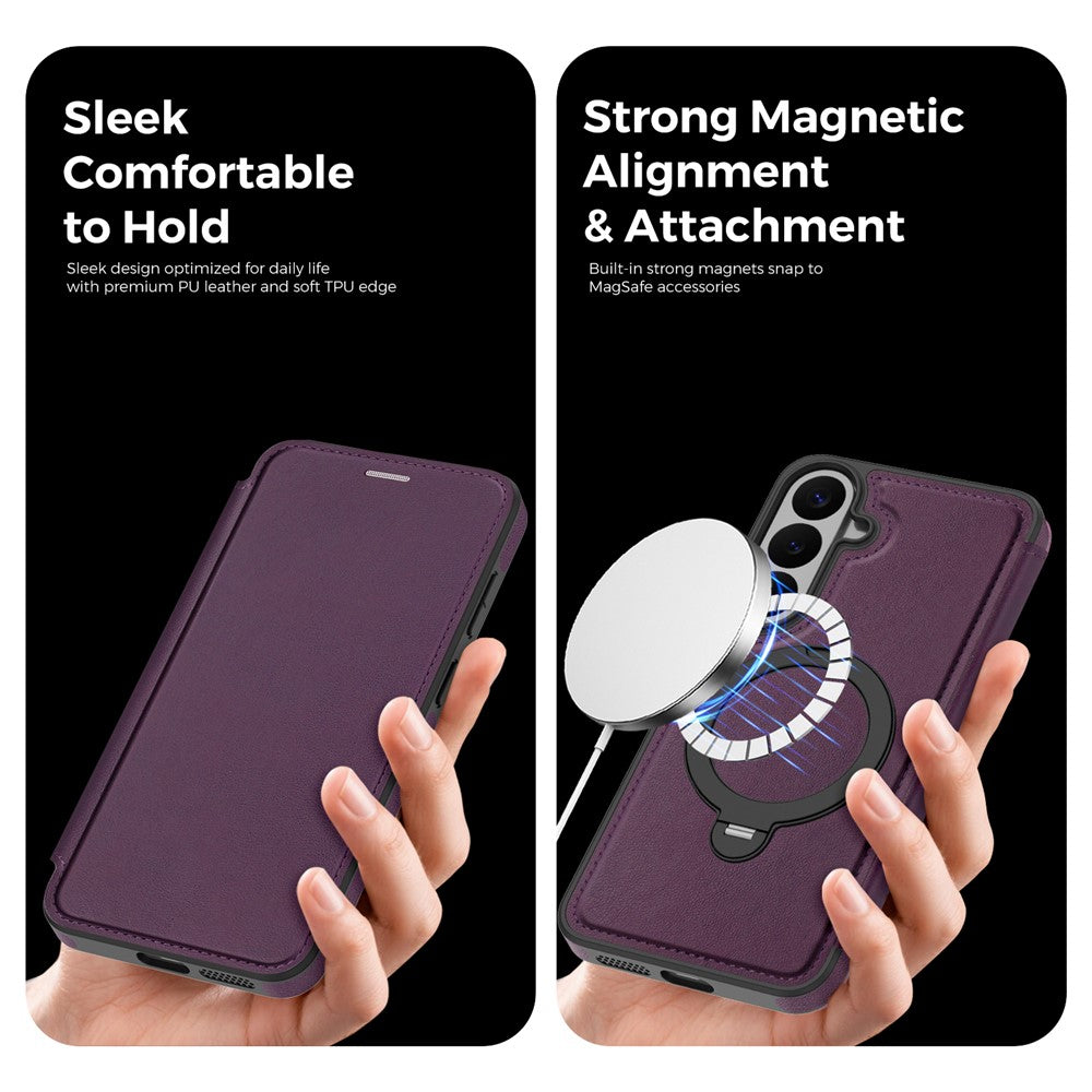 Samsung Galaxy S26 FE-skal kompatibelt med MagSafe RFID-blockerande läderplånboksfodral med roterande ringstativ