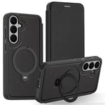Samsung Galaxy S26 FE-skal kompatibelt med MagSafe RFID-blockerande läderplånboksfodral med roterande ringstativ