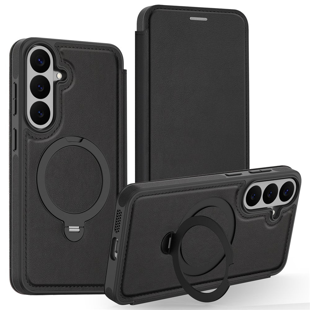 Samsung Galaxy S26 FE-skal kompatibelt med MagSafe RFID-blockerande läderplånboksfodral med roterande ringstativ