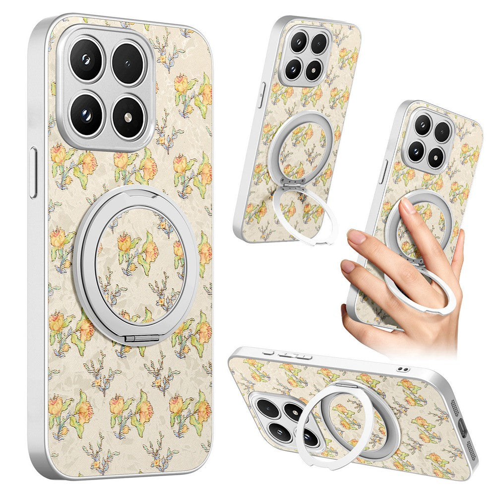 For Xiaomi 17 Case Rotating Kickstand Floral Pattern Leather Coated PC + TPU Anti Drop Phone Cover