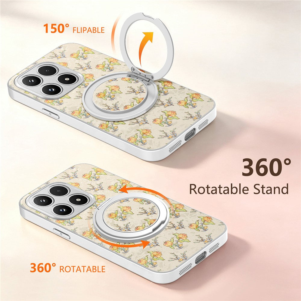 For Xiaomi 17 Case Rotating Kickstand Floral Pattern Leather Coated PC + TPU Anti Drop Phone Cover