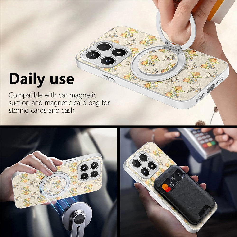 For Xiaomi 17 Case Rotating Kickstand Floral Pattern Leather Coated PC + TPU Anti Drop Phone Cover