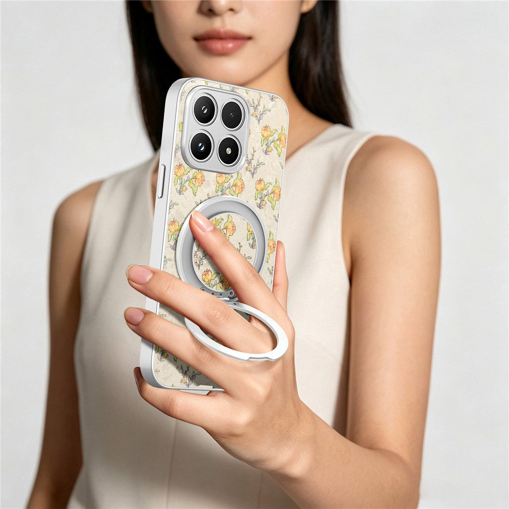 For Xiaomi 17 Case Rotating Kickstand Floral Pattern Leather Coated PC + TPU Anti Drop Phone Cover