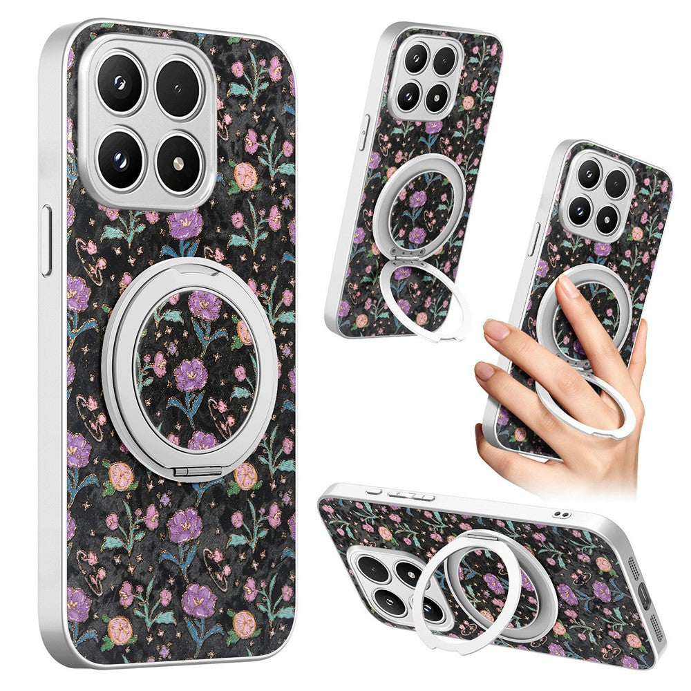 For Xiaomi 17 Case Rotating Kickstand Floral Pattern Leather Coated PC + TPU Anti Drop Phone Cover
