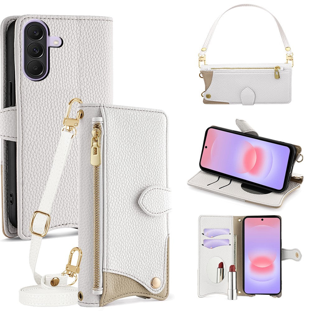 Läderfodral för Samsung Galaxy A37 5G, fiskstjärtsdesign, vikbart stativ, plånboksfodral med spegel, långt rem, kort rem