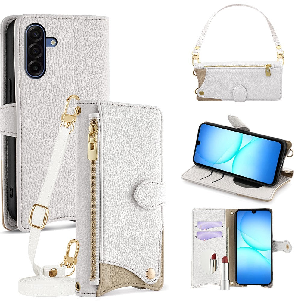 Samsung Galaxy A17 5G / A17 4G Läderfodral Fishtail Design Hopfällbart Stativ Plånboksfodral med Spegel Långt Rem Kort Rem