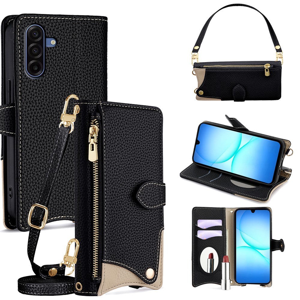 Samsung Galaxy A17 5G / A17 4G Läderfodral Fishtail Design Hopfällbart Stativ Plånboksfodral med Spegel Långt Rem Kort Rem