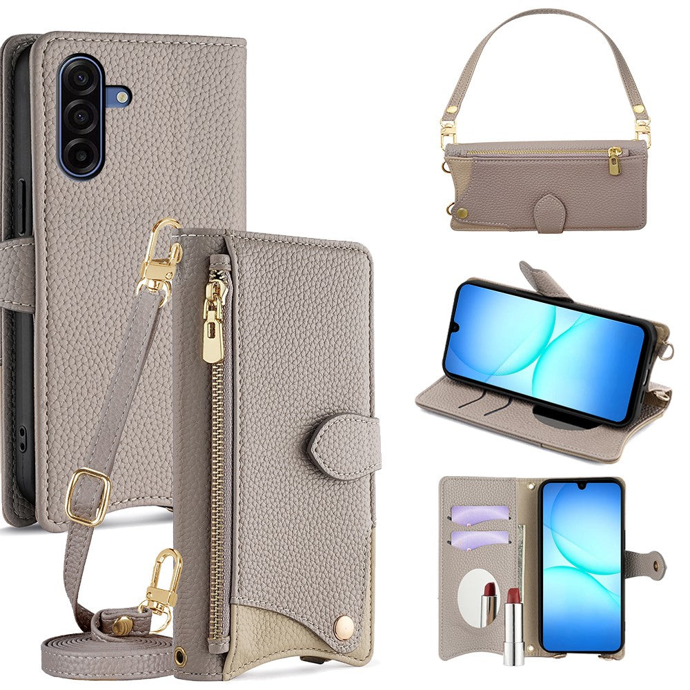 Samsung Galaxy A17 5G / A17 4G Läderfodral Fishtail Design Hopfällbart Stativ Plånboksfodral med Spegel Långt Rem Kort Rem