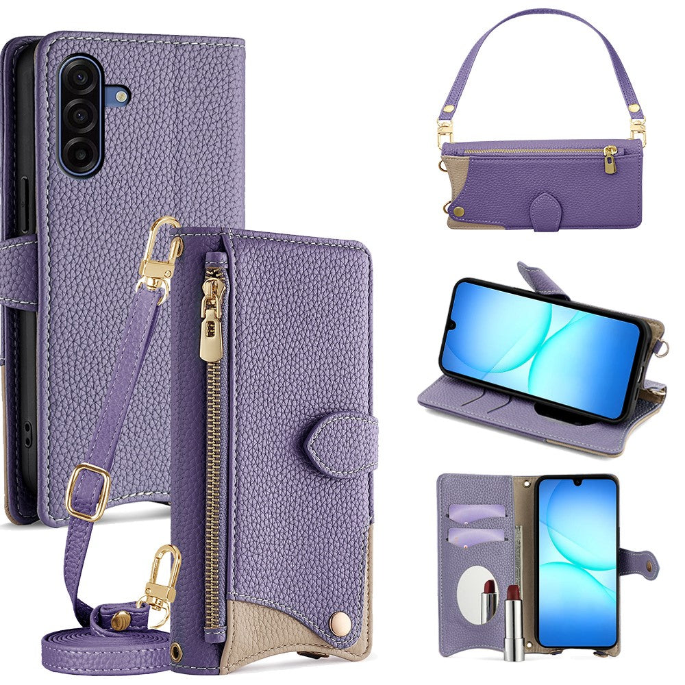 Samsung Galaxy A17 5G / A17 4G Läderfodral Fishtail Design Hopfällbart Stativ Plånboksfodral med Spegel Långt Rem Kort Rem