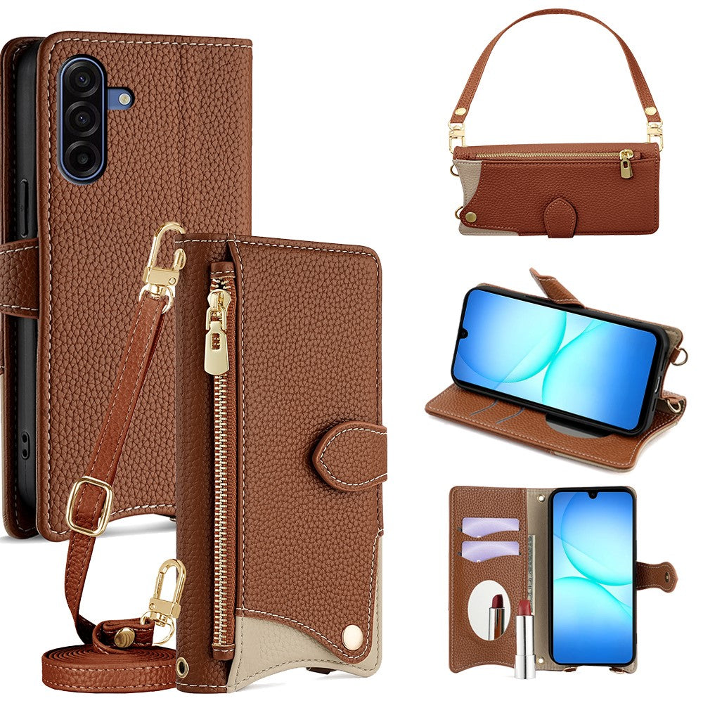 Samsung Galaxy A17 5G / A17 4G Läderfodral Fishtail Design Hopfällbart Stativ Plånboksfodral med Spegel Långt Rem Kort Rem