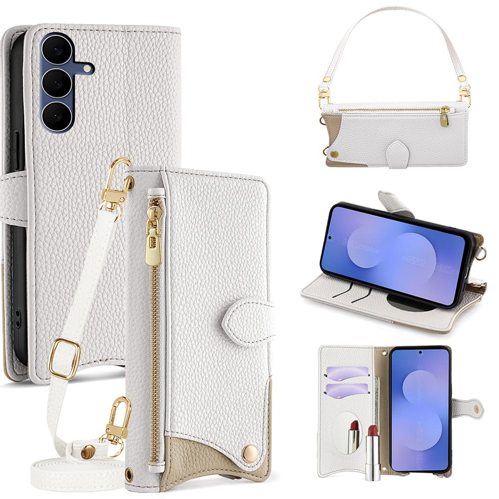 For Samsung Galaxy S25 FE Leather Case Fishtail Design Folding Stand Wallet Phone Cover with Mirror Long Strap Short Strap