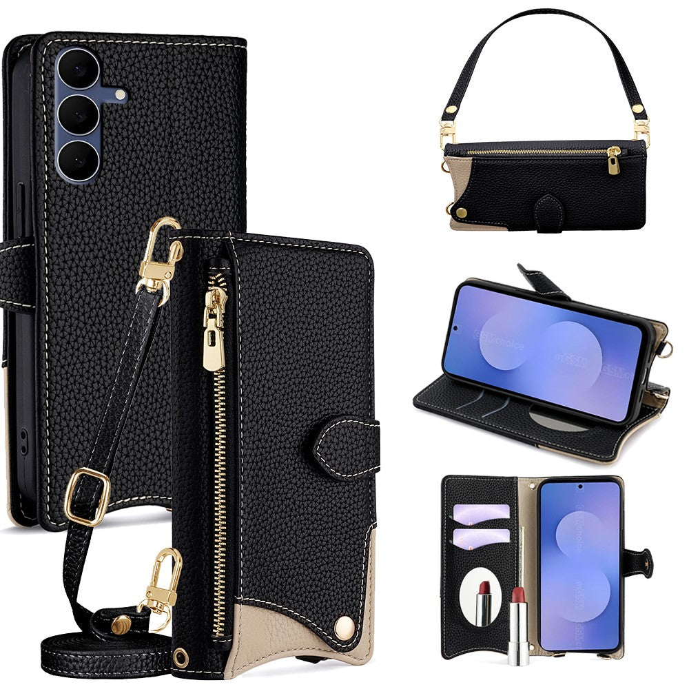 For Samsung Galaxy S25 FE Leather Case Fishtail Design Folding Stand Wallet Phone Cover with Mirror Long Strap Short Strap