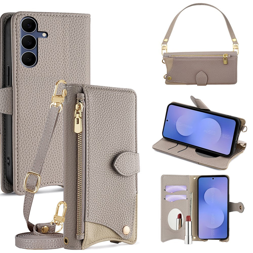For Samsung Galaxy S25 FE Leather Case Fishtail Design Folding Stand Wallet Phone Cover with Mirror Long Strap Short Strap