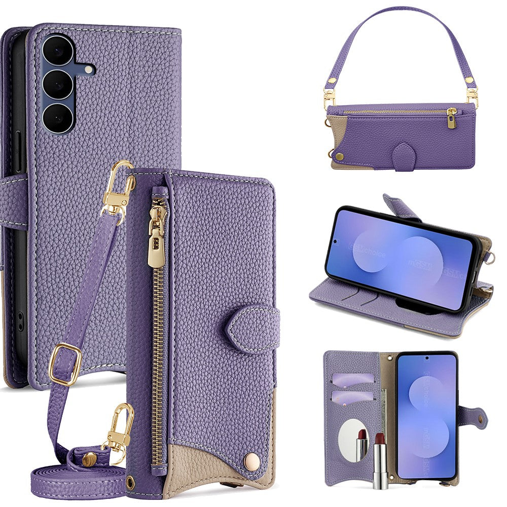 For Samsung Galaxy S25 FE Leather Case Fishtail Design Folding Stand Wallet Phone Cover with Mirror Long Strap Short Strap