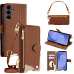 For Samsung Galaxy S25 FE Leather Case Fishtail Design Folding Stand Wallet Phone Cover with Mirror Long Strap Short Strap