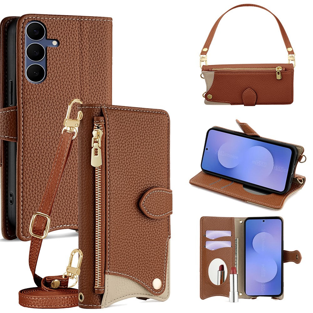 For Samsung Galaxy S25 FE Leather Case Fishtail Design Folding Stand Wallet Phone Cover with Mirror Long Strap Short Strap