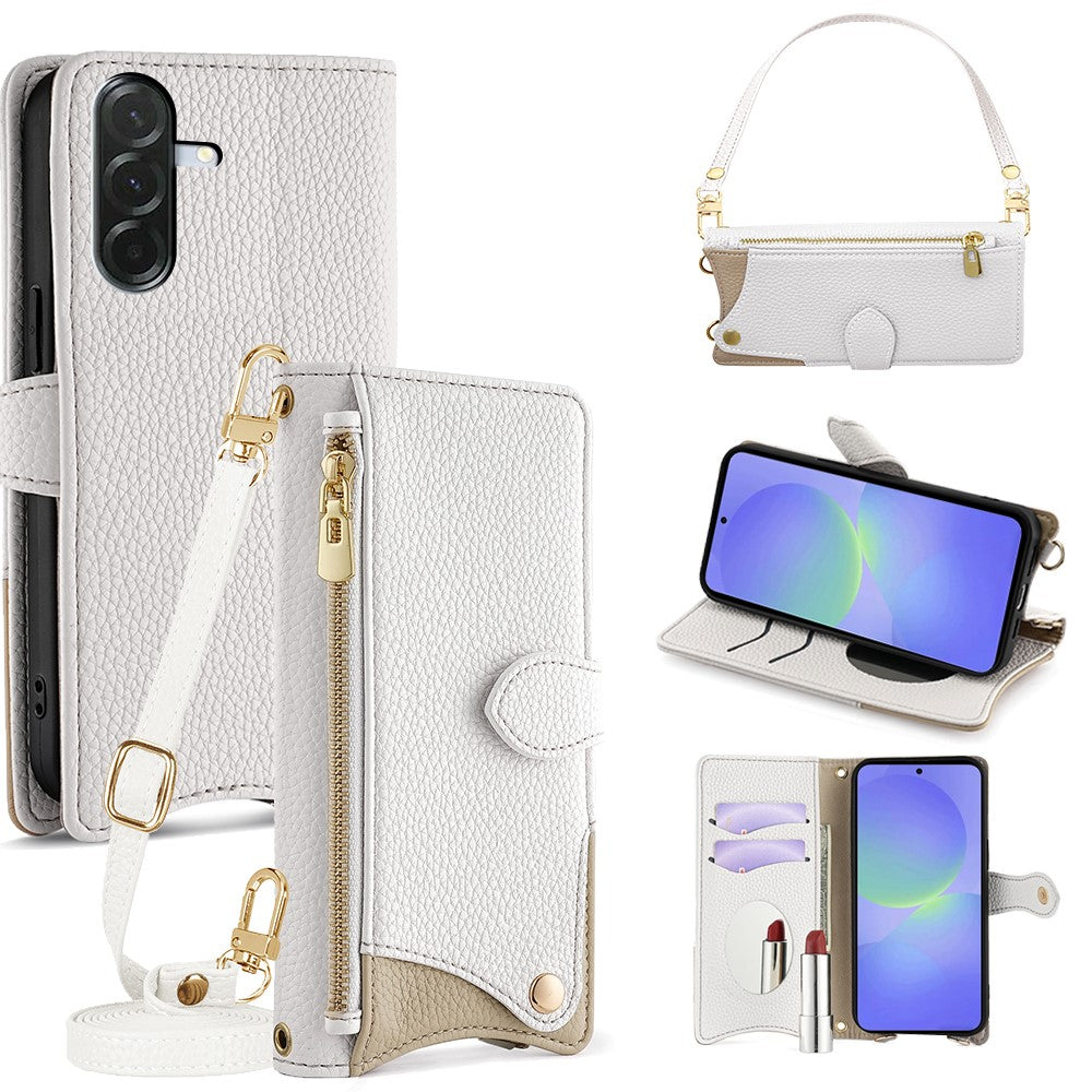Läderfodral för Samsung Galaxy A36 5G, fiskstjärtsdesign, vikbart stativ, plånboksfodral med spegel, långt rem, kort rem