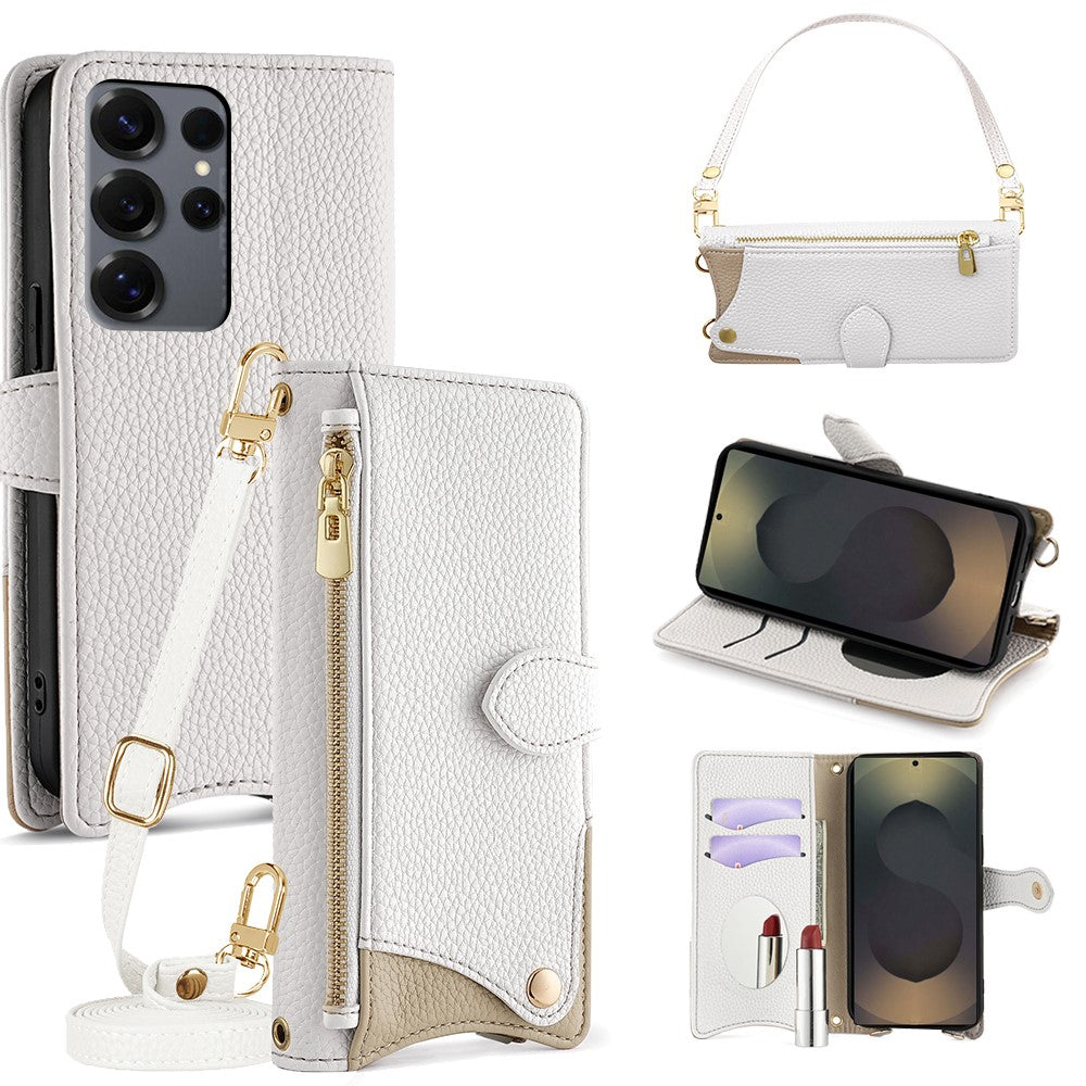 Läderfodral till Samsung Galaxy S25 Ultra med fiskstjärtsdesign, vikbart stativ, plånboksfodral med spegel, långt armband, kort armband