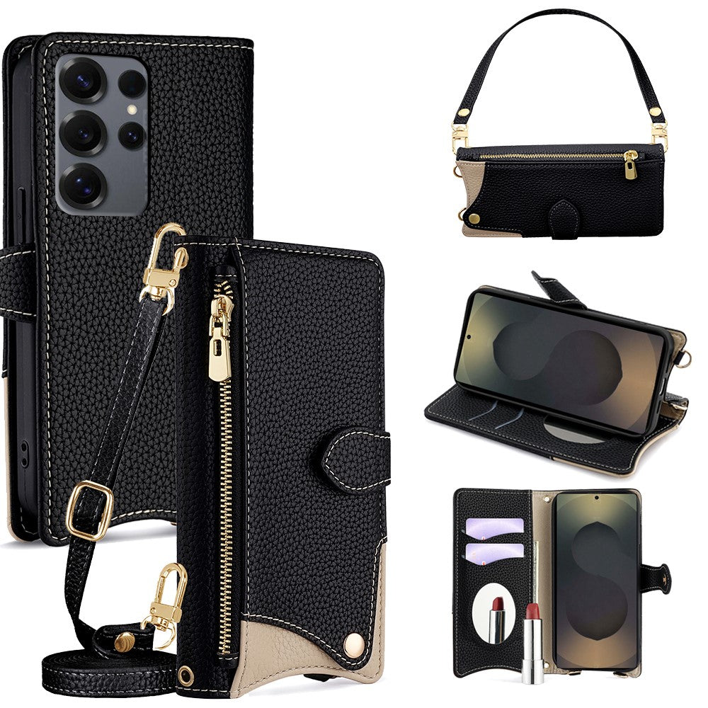Läderfodral till Samsung Galaxy S25 Ultra med fiskstjärtsdesign, vikbart stativ, plånboksfodral med spegel, långt armband, kort armband
