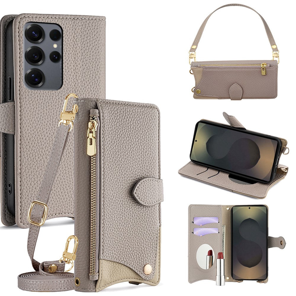Läderfodral till Samsung Galaxy S25 Ultra med fiskstjärtsdesign, vikbart stativ, plånboksfodral med spegel, långt armband, kort armband
