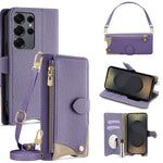 Läderfodral till Samsung Galaxy S25 Ultra med fiskstjärtsdesign, vikbart stativ, plånboksfodral med spegel, långt armband, kort armband