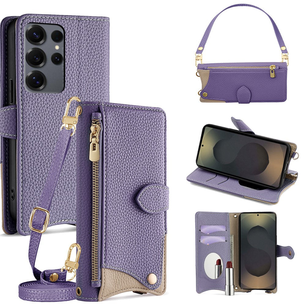 Läderfodral till Samsung Galaxy S25 Ultra med fiskstjärtsdesign, vikbart stativ, plånboksfodral med spegel, långt armband, kort armband