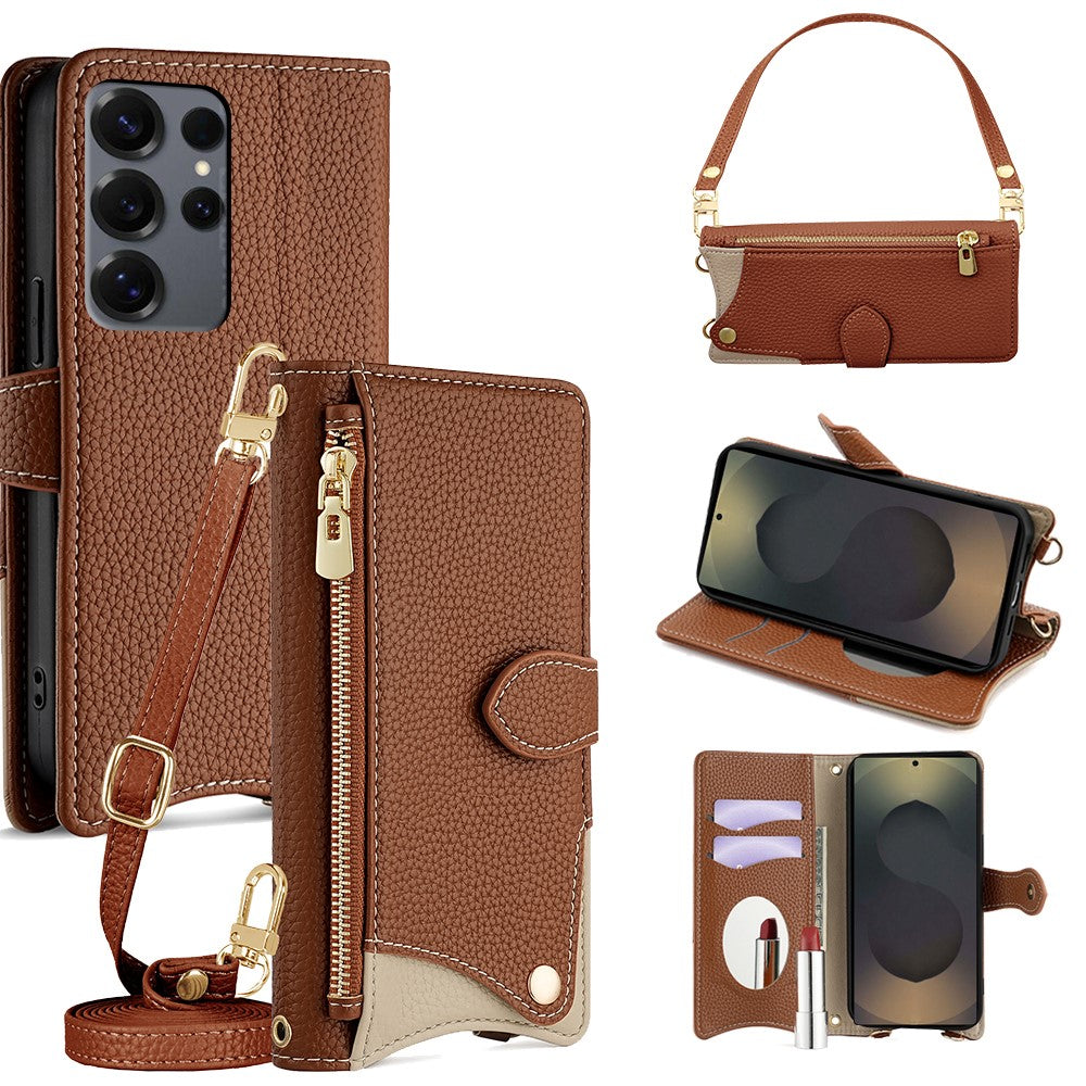 Läderfodral till Samsung Galaxy S25 Ultra med fiskstjärtsdesign, vikbart stativ, plånboksfodral med spegel, långt armband, kort armband